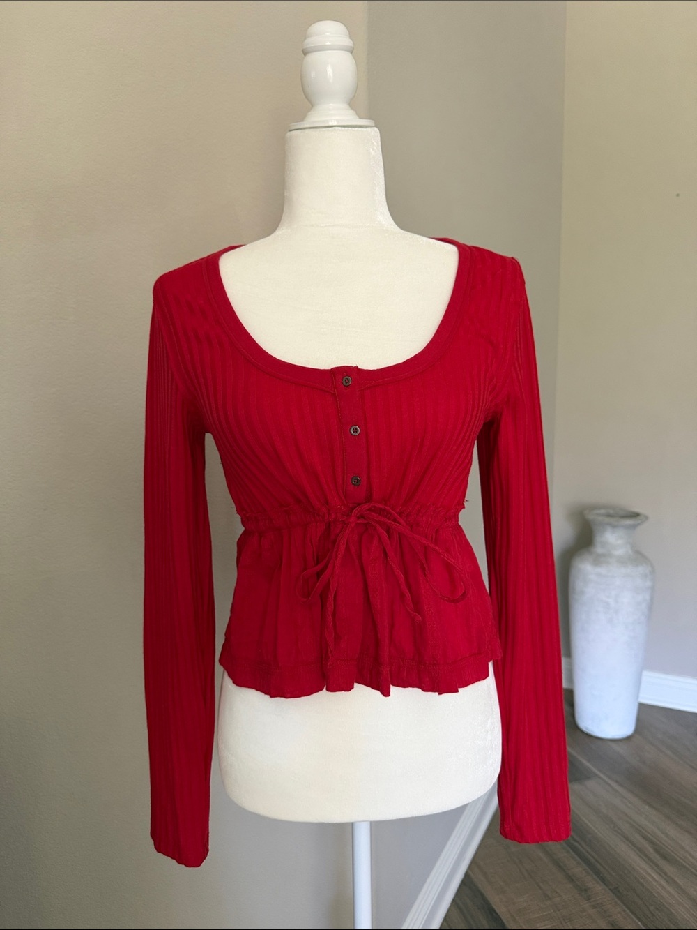 Anthropologie Red Ribbed Scoop-Neck Tie-Waist Long Sleeve Top